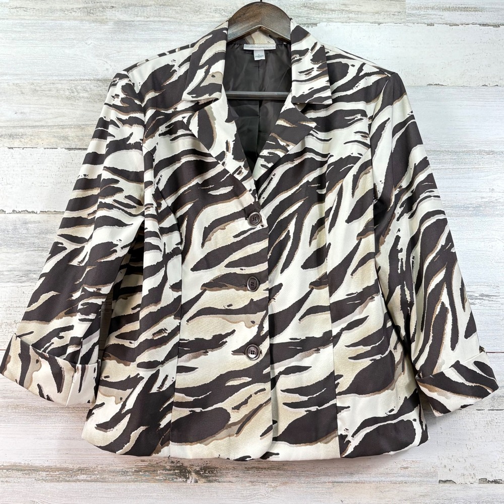 Dressbarn Womens‎ Zebra Print Blazer Brown Cream 3/4 Sleeve Lined Jacket Size L